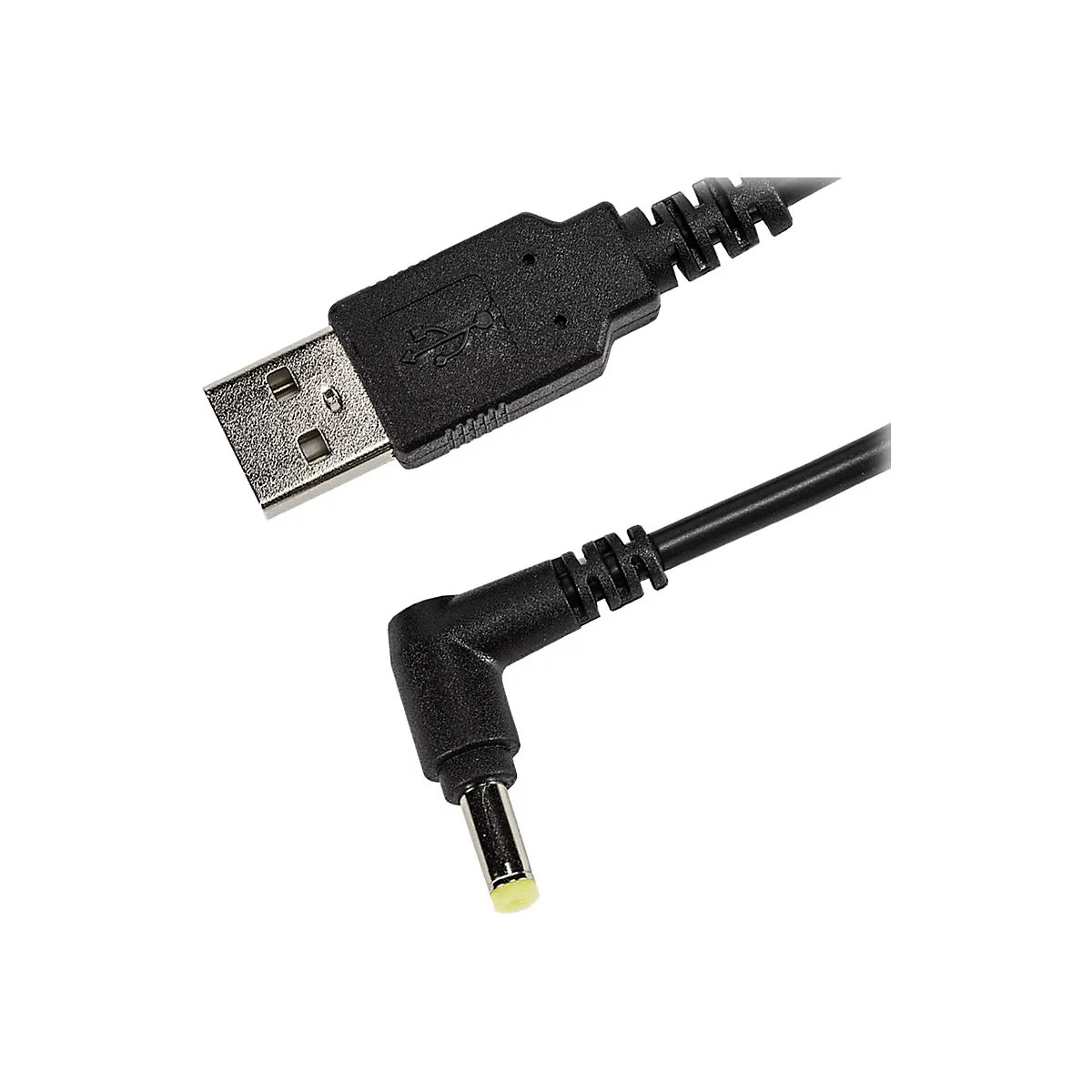 Schwarzes USB-Kabel mit DC-Stecker, isoliert auf weißem Hintergrund.