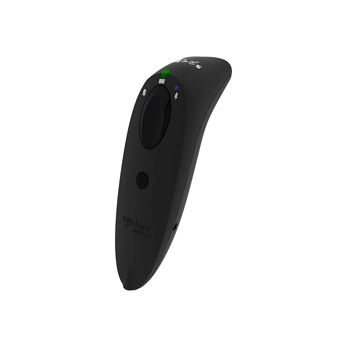 Schwarzes, ergonomisches Barcode-Lesegerät mit grünen und blauen LEDs, einem großen schwarzen Knopf und dem Logo 'socket mobile'.
