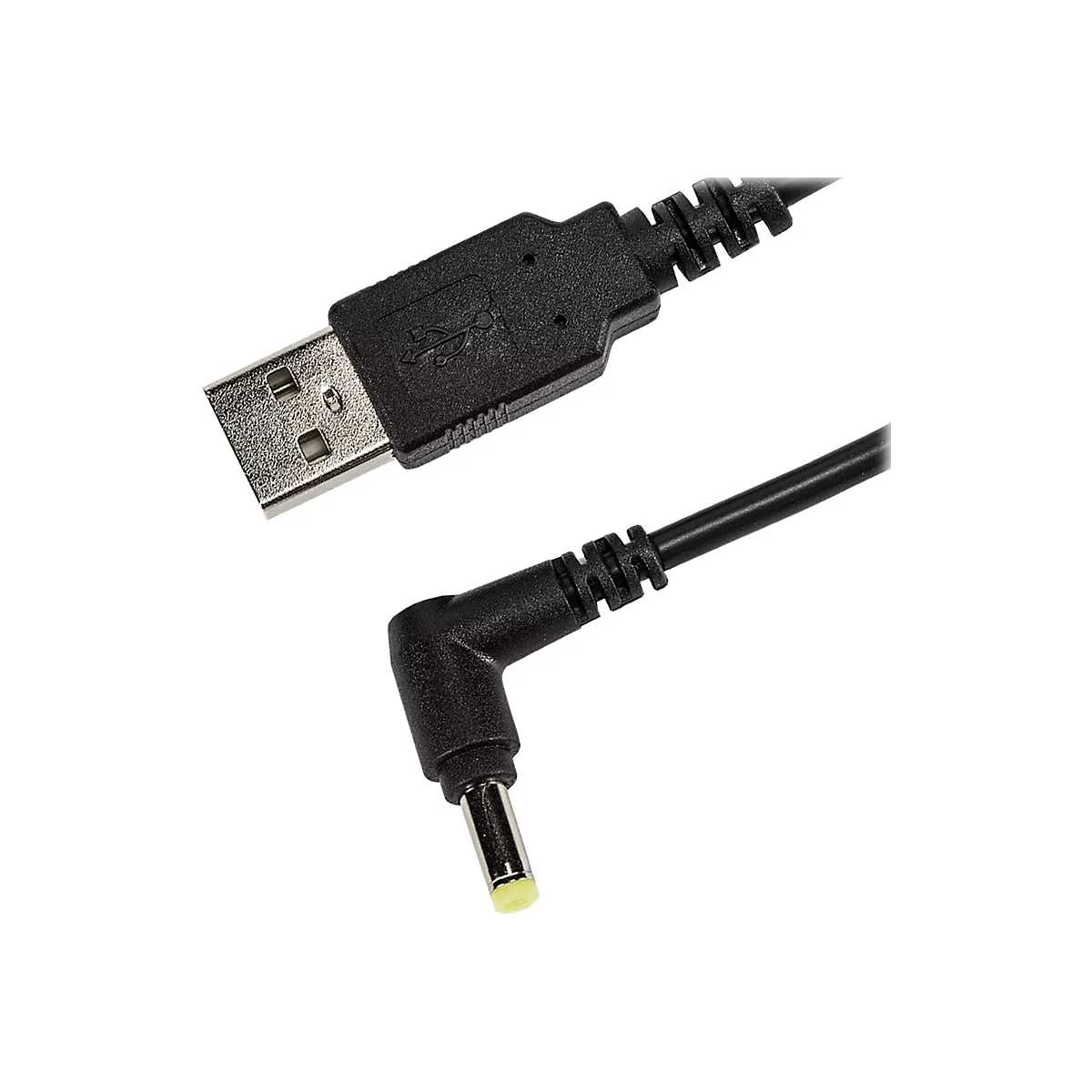 Schwarzes USB-Kabel und DC-Stecker, diagonal vor weißem Hintergrund.