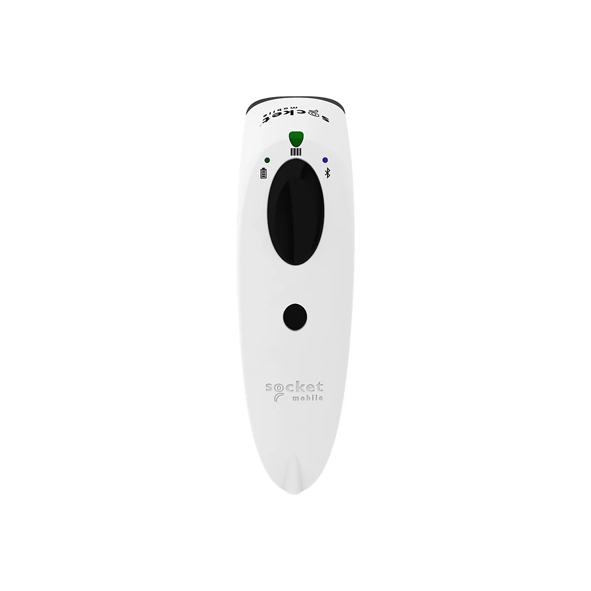 Weißes Barcode-Lesegerät mit schwarzem Knopf und Display, Socket Mobile-Logo.