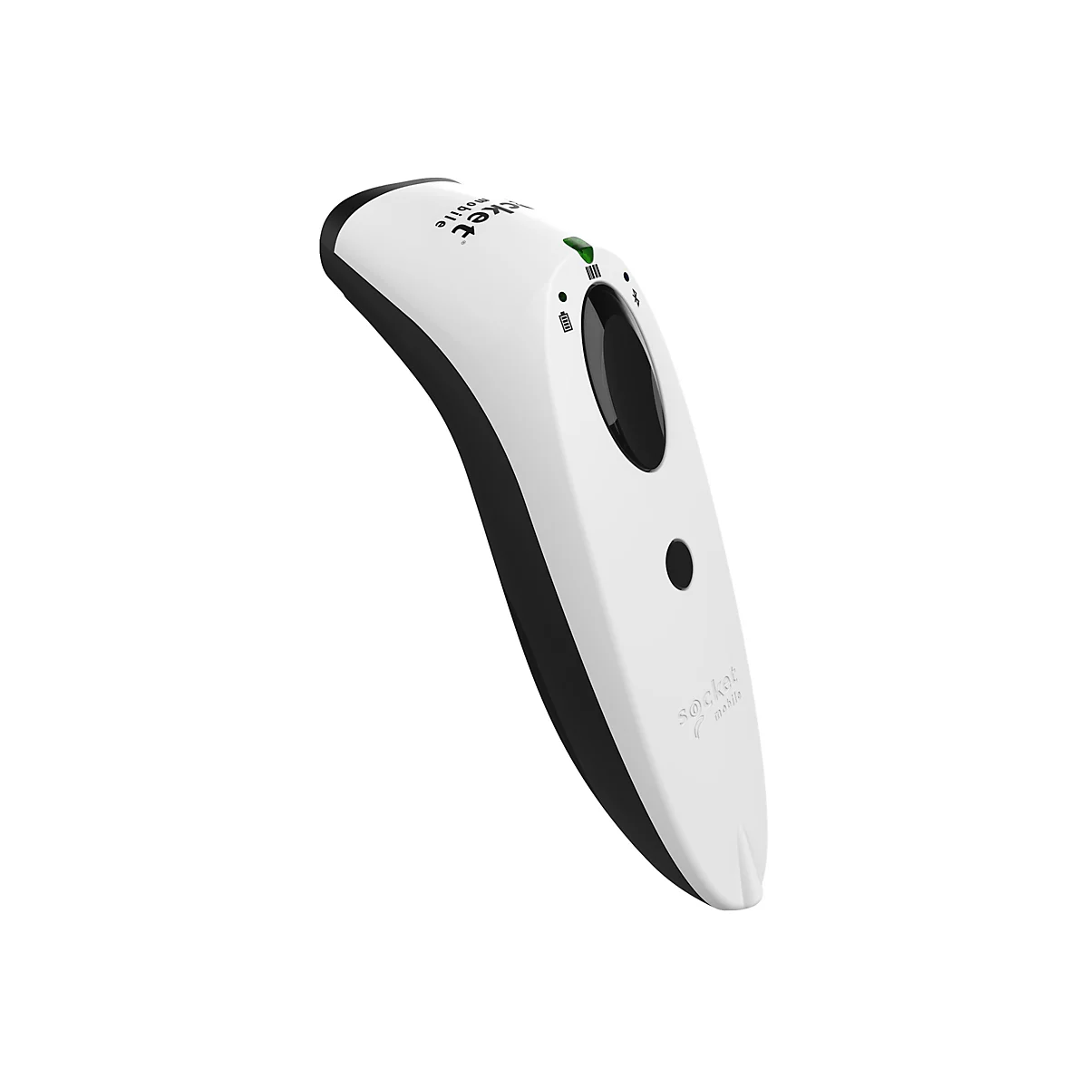 Weißer und schwarzer Barcodescanner mit grünen LEDs und Schriftzügen. Der Scanner liegt auf einem weißen Hintergrund.
