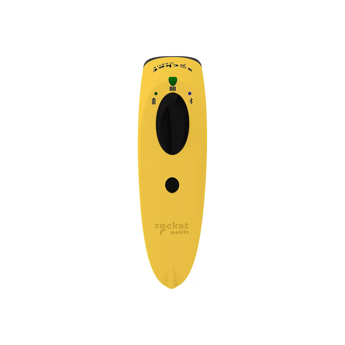 Gelbes Barcode-Lesegerät mit schwarzem Bedienfeld, grüner LED, Batterieanzeige und Bluetooth-Symbol. "socket mobile" steht unten.