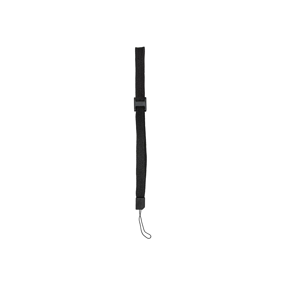 Schwarze Handschlaufe für Kamera oder ähnliches. Mit Plastikverschluss und Schnur.