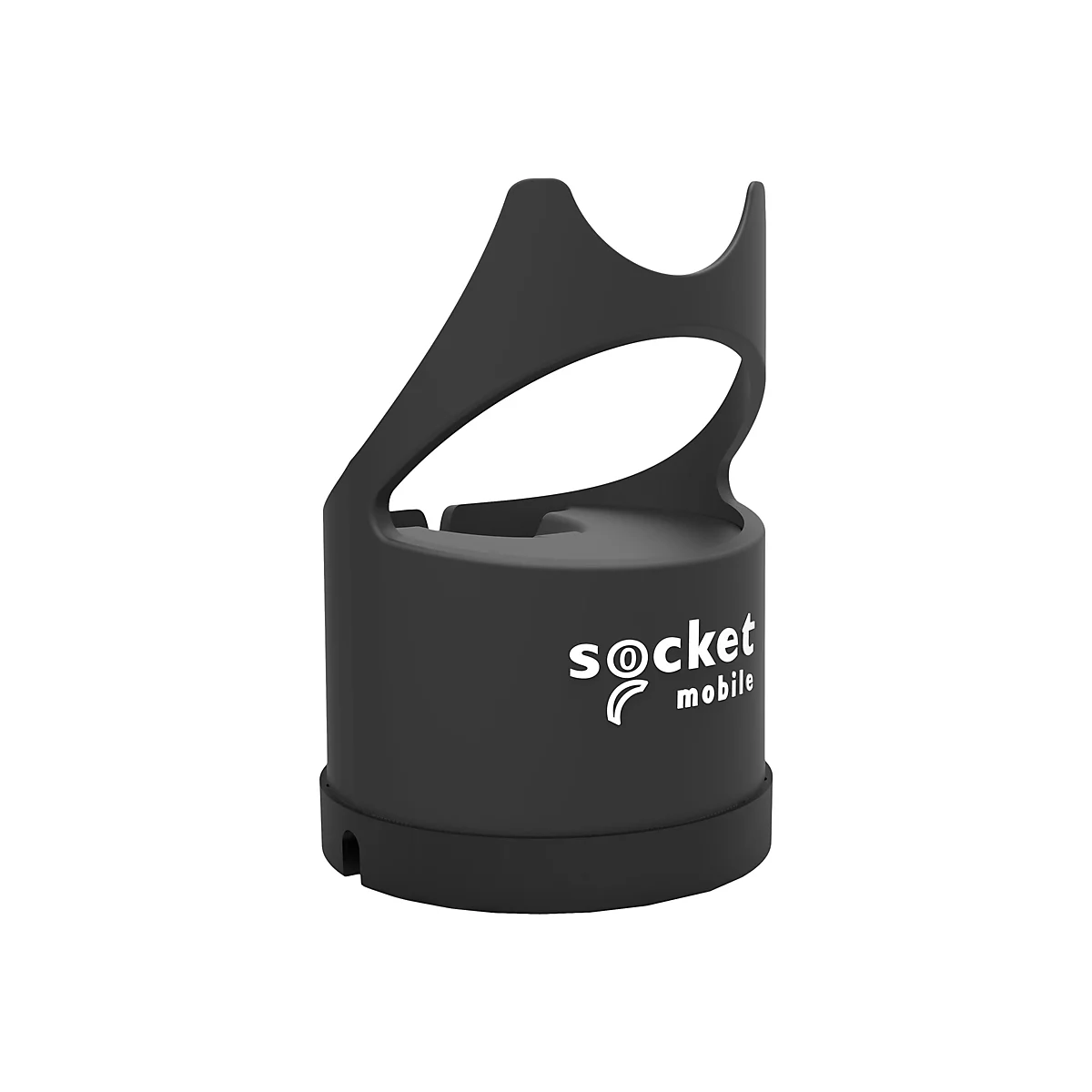 Schwarze Halterung mit dem Schriftzug „socket mobile“ auf weißem Hintergrund.