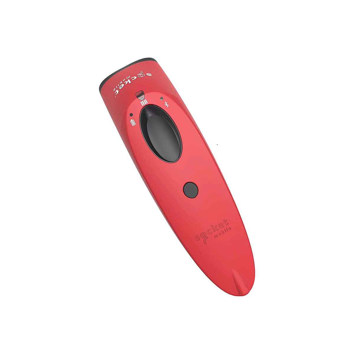 Roter Barcodescanner mit schwarzem ovalem Knopf und Anzeigeleuchten vor weißem Hintergrund.
