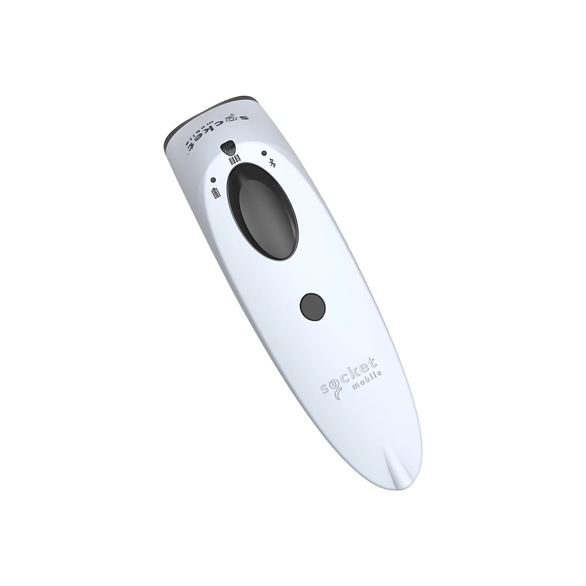 Weißer Scanner mit ovalem Knopf und Anzeigeleuchten. Logo von Socket Mobile.