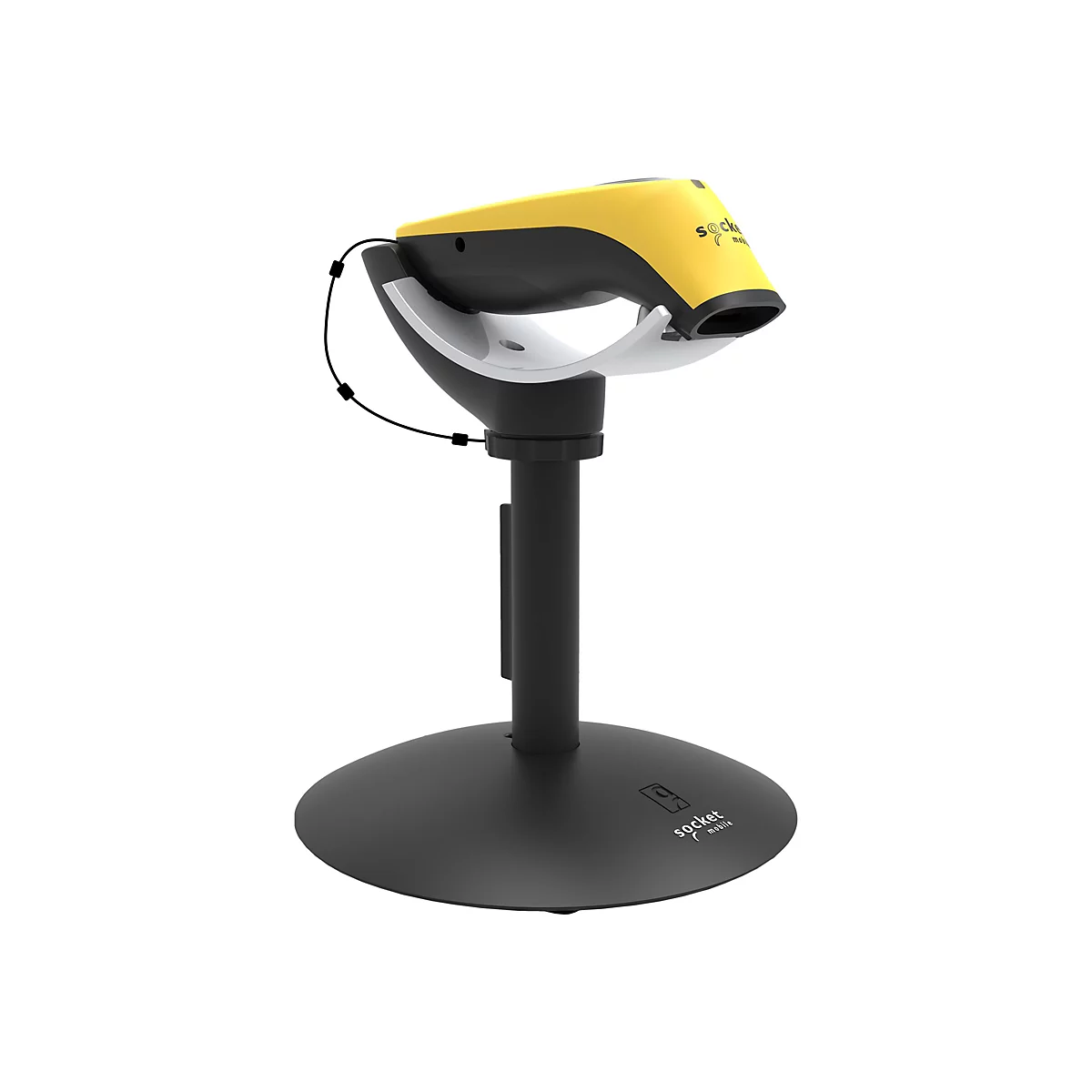 Barcode-Scanner auf einem Ständer. Der Scanner hat eine gelbe Oberseite und ist an einem schwarzen Stiel befestigt. Der Standfuß ist schwarz.