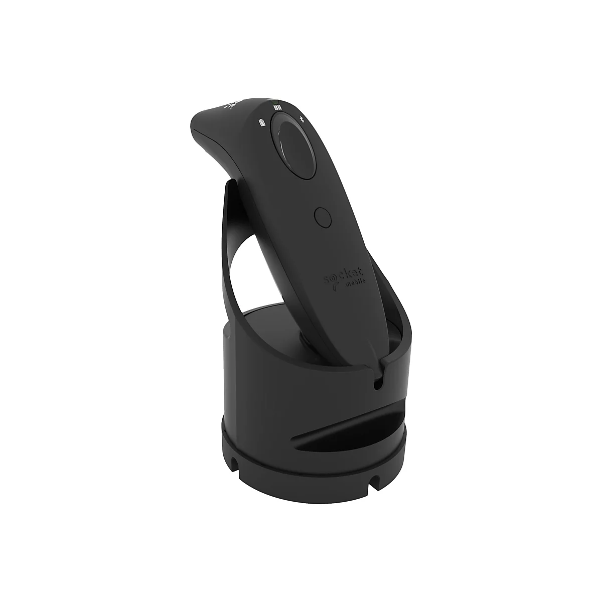 Schwarzer Barcodescanner in einer Halterung vor weißem Hintergrund. Der Scanner hat eine runde Taste, Batteriestandsanzeige und Bluetooth-Symbol.