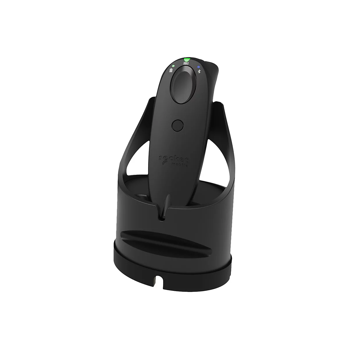 Schwarzes, ergonomisches Lesegerät mit Ladestation. Oberhalb befinden sich Anzeigen. Auf dem Gerät steht "socket mobile".