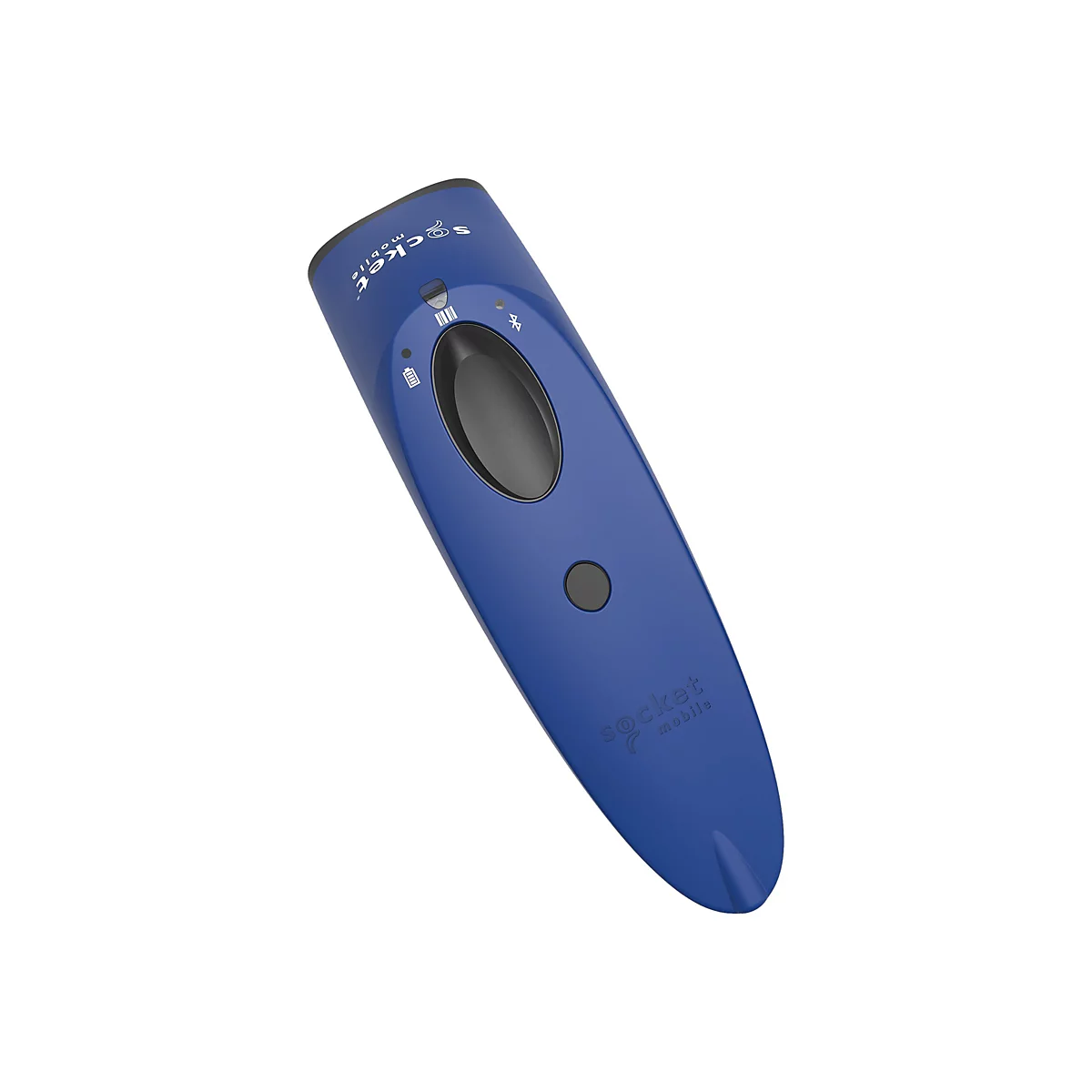 Blauer Socket Mobile Scanner. Ovale Form mit einem zentralen, ovalen Knopf. Oben das Logo und Symbole.