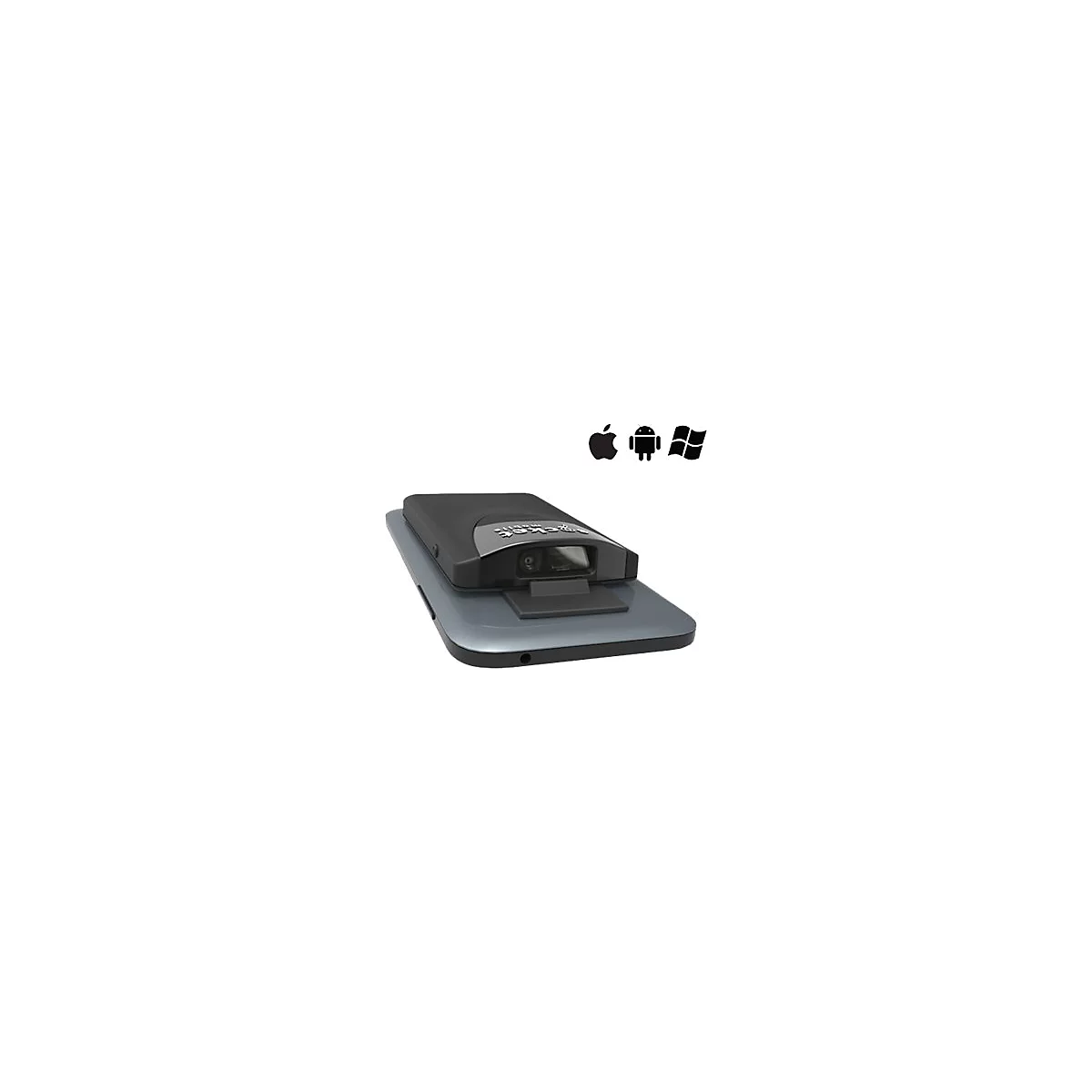 Dunkler Barcode-Scanner, montiert auf einem Tablet. Oben Symbole für Apple, Android und Windows.