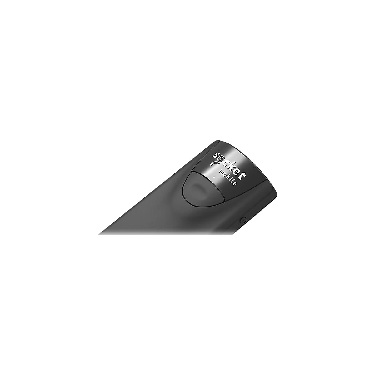 Draufsicht auf ein schwarzes, modernes Produkt. Auf der Oberseite steht in Weiß "socket mobile".