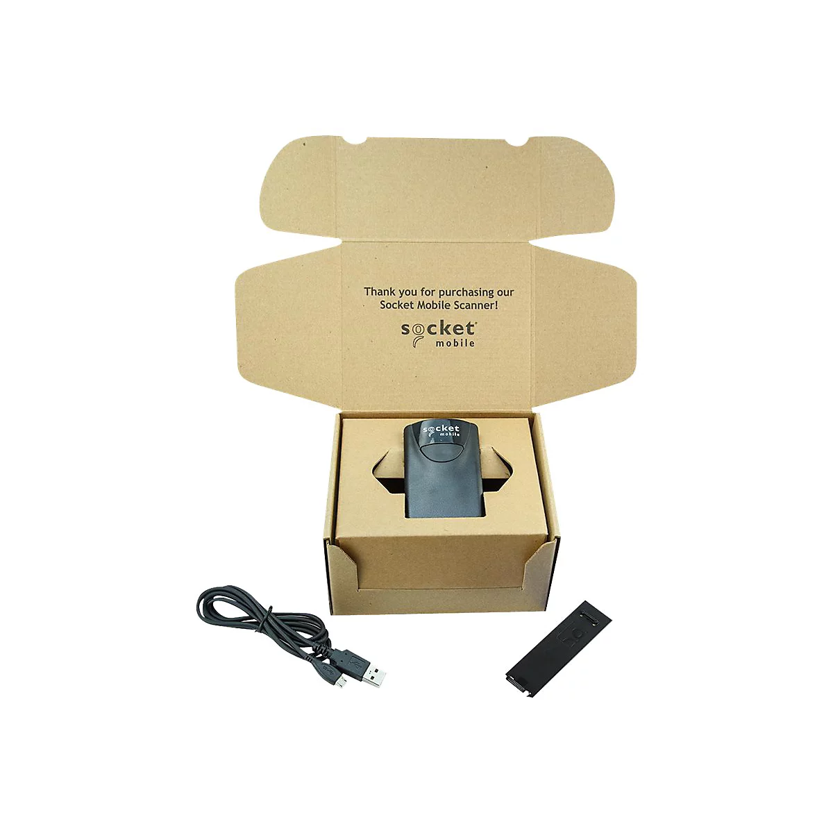 Ein Barcodescanner in seiner Verpackung. Box mit Aufdruck, Kabel und Ladehalterung daneben.