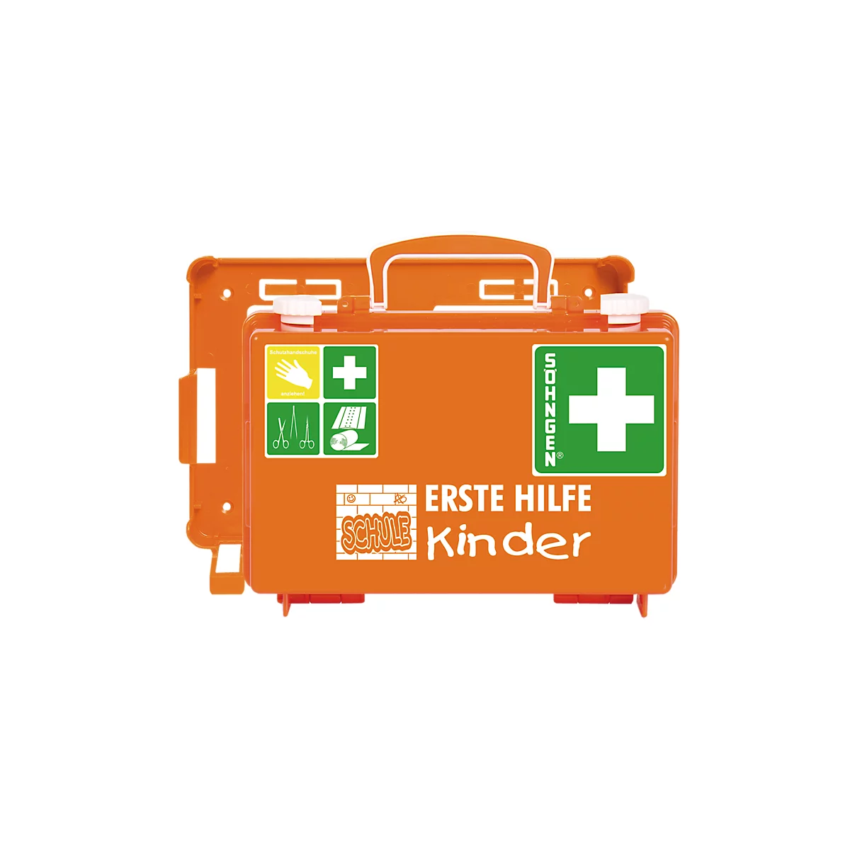 Oranje EHBO-kist met groene kruisen en de tekst: EHBO Kinderen, School.