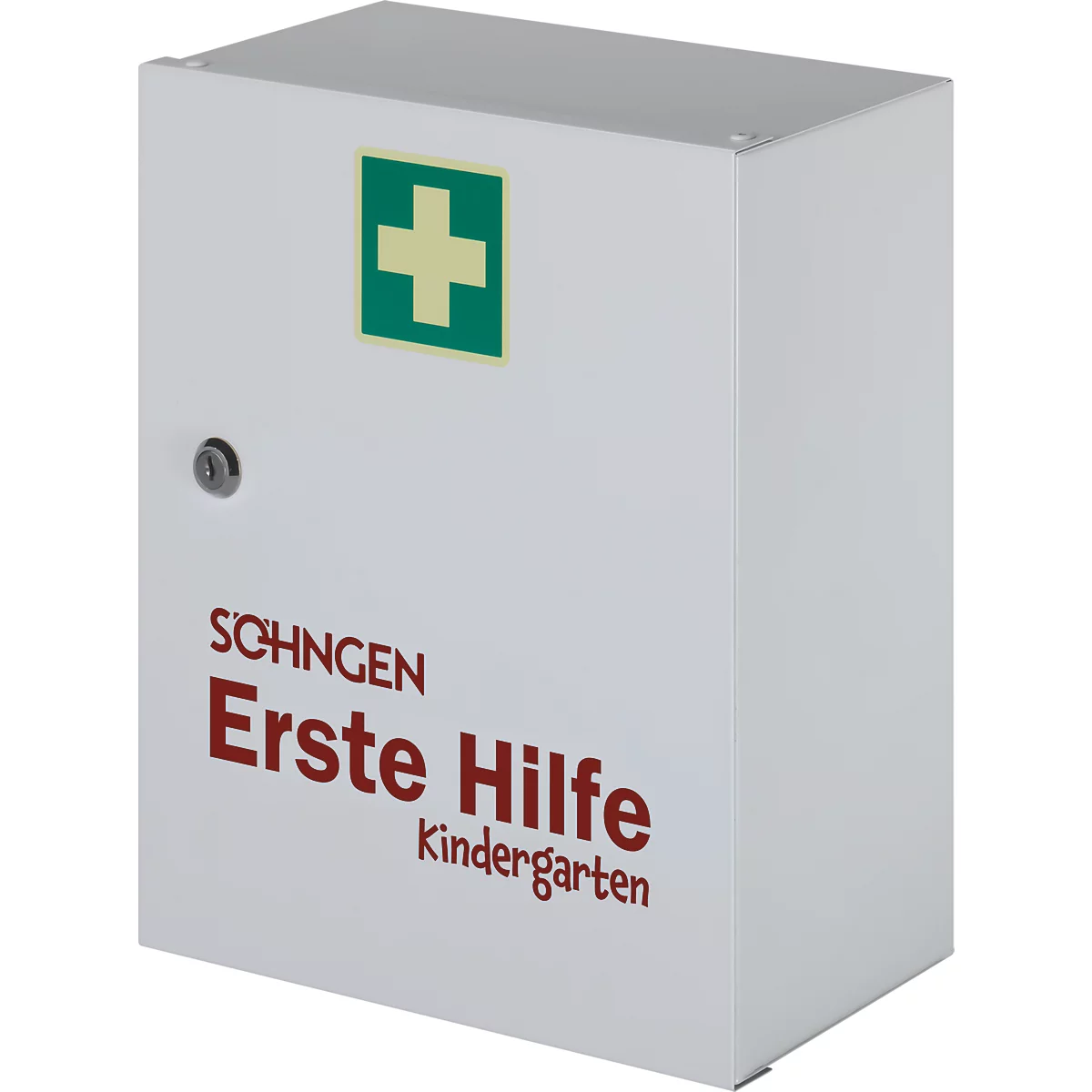 Witte EHBO-kast met groen kruis, opschrift 'EHBO kleuterschool'.