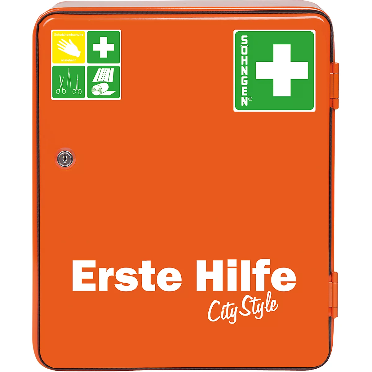 Orangefarbener Erste-Hilfe-Kasten mit weißem Kreuz. Aufschrift "Erste Hilfe City Style".
