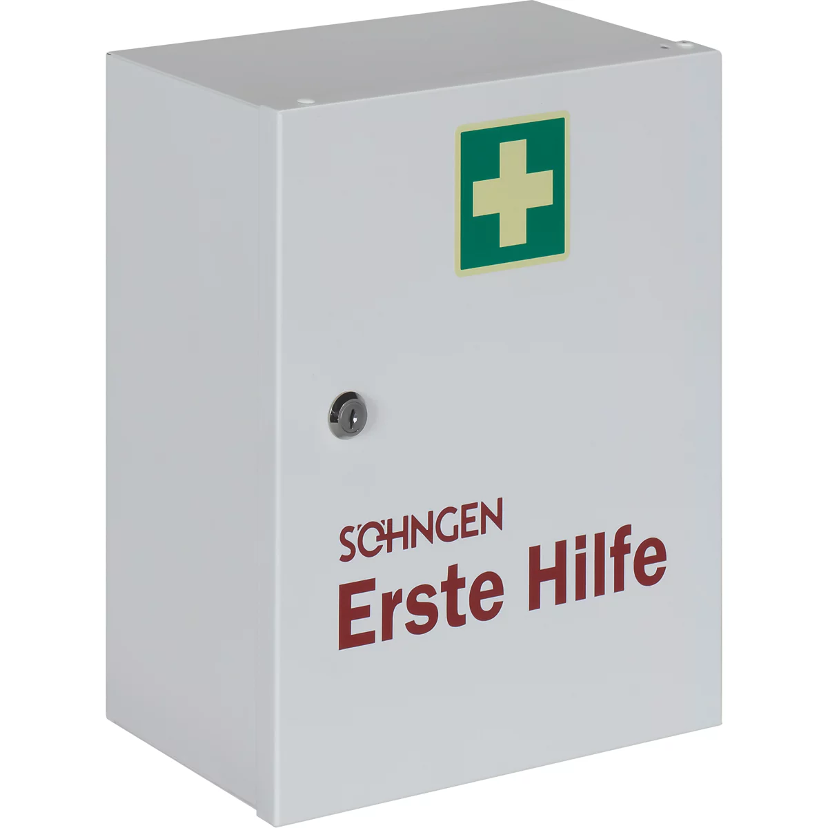 Weißer Erste-Hilfe-Kasten mit grünem Kreuz. Aufschrift "SCHNGEN Erste Hilfe" in Rot.
