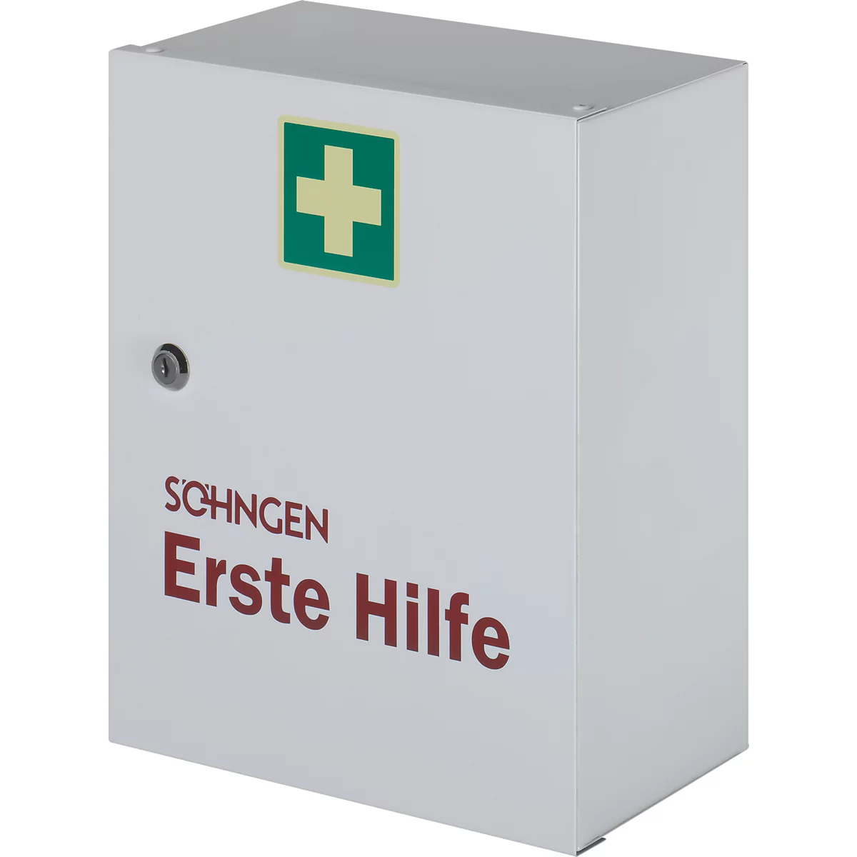 Weißer Erste-Hilfe-Kasten mit grünem Kreuz und Aufschrift.