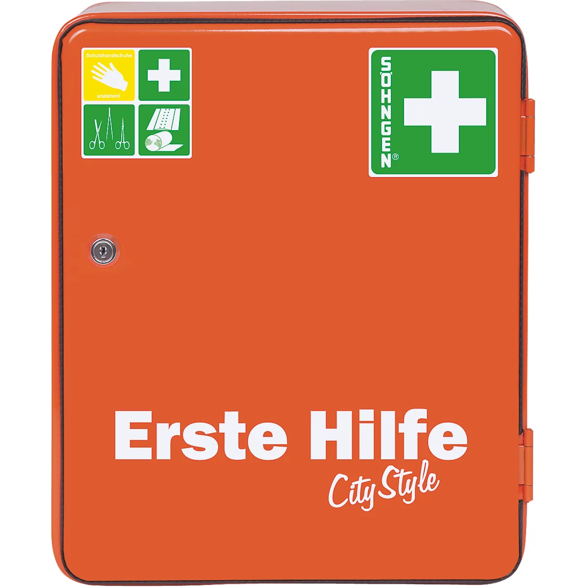 Orange Erste-Hilfe-Kasten mit weißem Kreuz, Text 'Erste Hilfe City Style' und Symbolen.