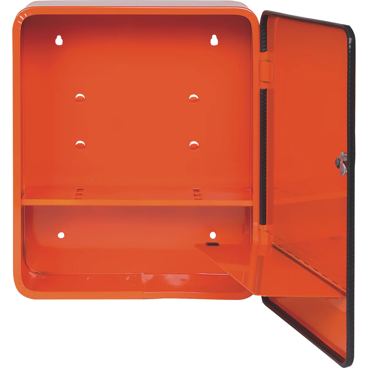 Offener, orangefarbener Erste-Hilfe-Kasten aus Metall, Halterungen für die Wand und ein Fach.