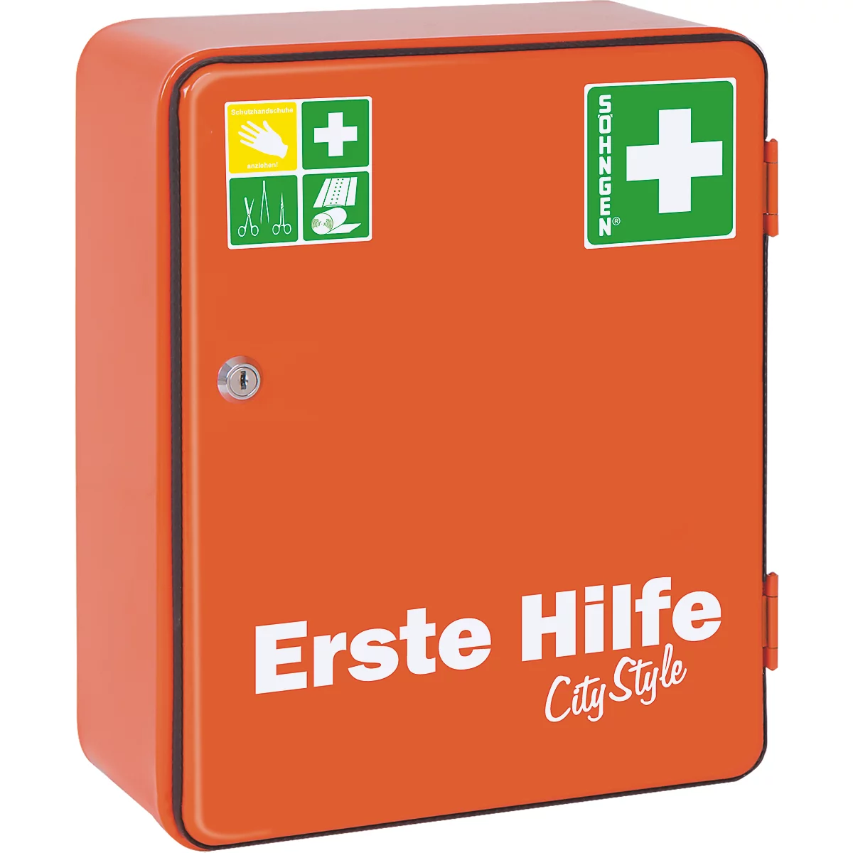 Ein orangefarbener Erste-Hilfe-Kasten mit Aufschriften und Symbolen, darunter ein weißes Kreuz. Aufschrift: Erste Hilfe City Style.