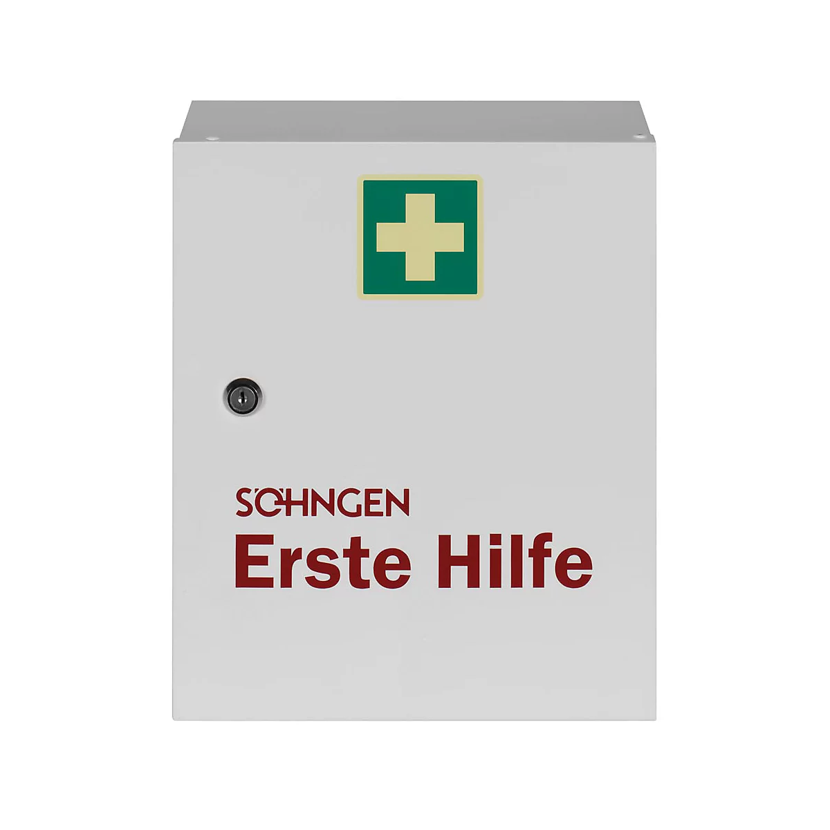 Weißer Erste-Hilfe-Schrank mit grünem Kreuz und roter Aufschrift Erste Hilfe.