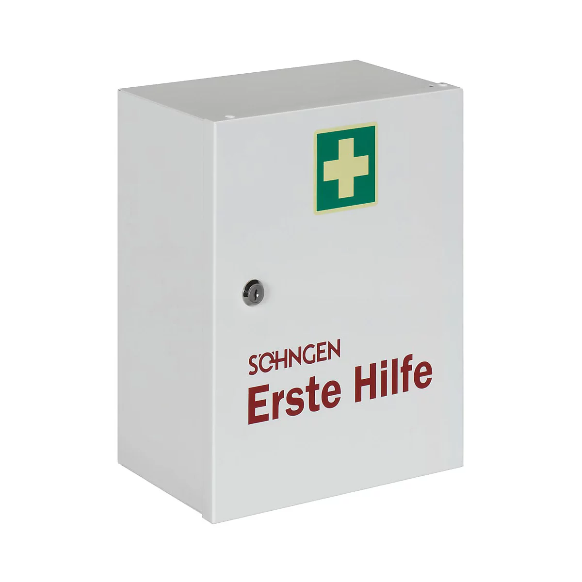 Weißer Erste-Hilfe-Wandschrank aus Metall mit grünem Kreuz-Symbol und der Aufschrift Schöngen Erste Hilfe.