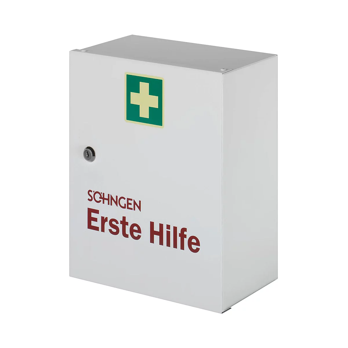 Weißer Erste-Hilfe-Schrank aus Metall mit grünem Kreuz-Symbol und Aufschrift.