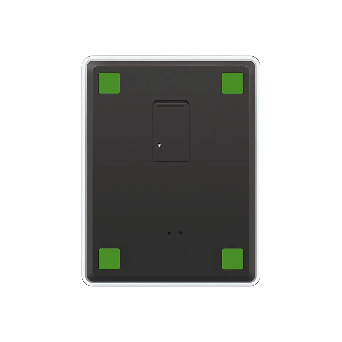Rückansicht eines rechteckigen Geräts in Schwarz mit vier grünen Standfüßen und einem Batteriefach.