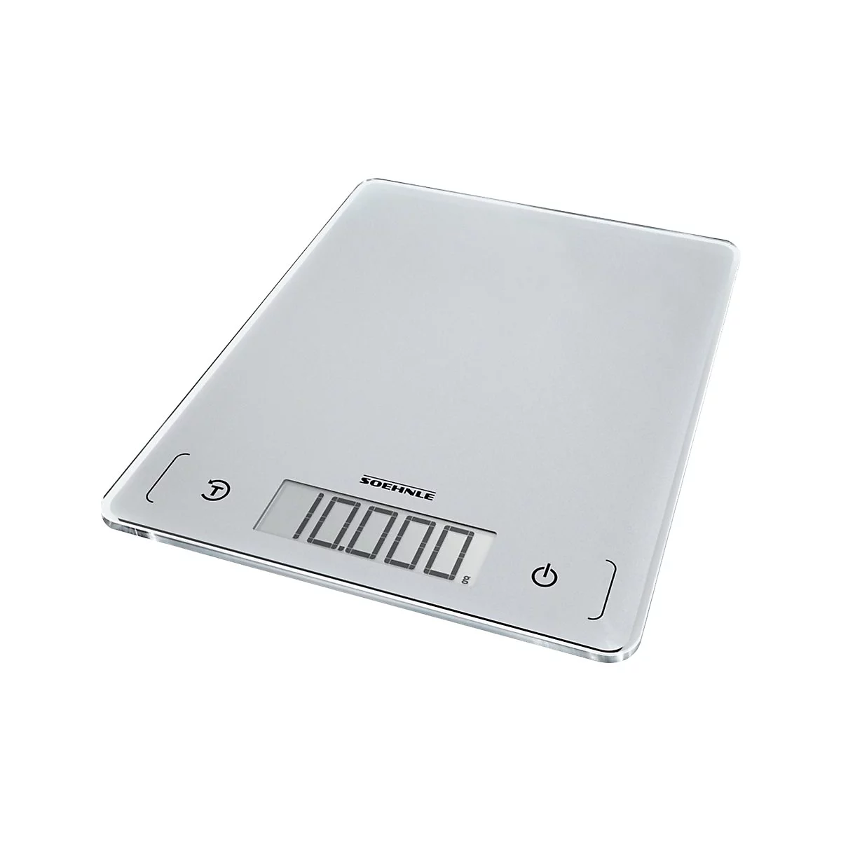 Digitale Soehnle Küchenwaage mit silberner Glasoberfläche, LCD-Display mit Anzeige 10000g und zwei Sensor-Tasten.