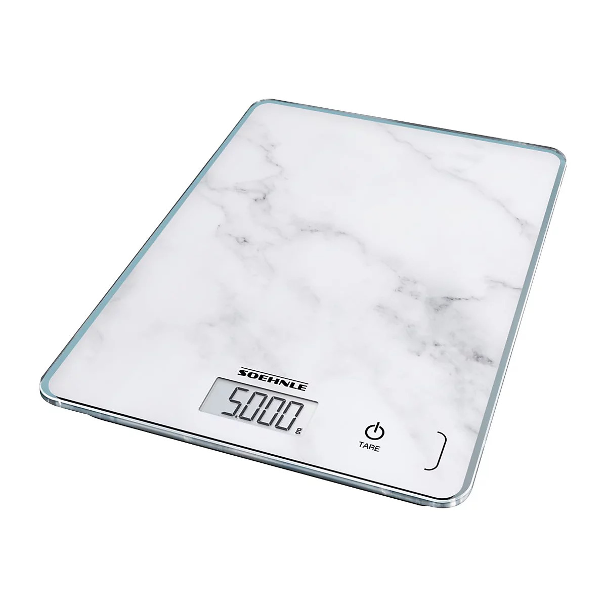Digitale Soehnle Küchenwaage mit weißer Marmoroptik und LCD-Anzeige vor weißem Hintergrund.