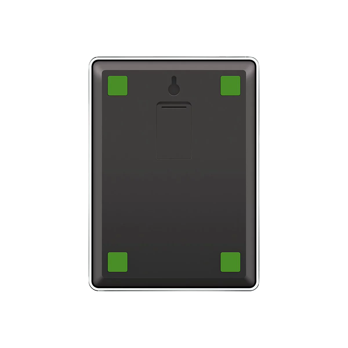 Rückseite eines schwarzen elektronischen Geräts mit vier grünen Gummifüßen und einer Aufhängevorrichtung.