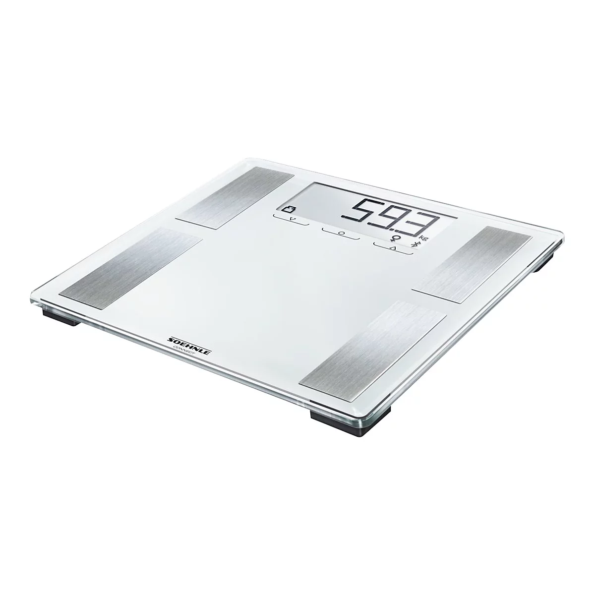 Digitale Soehnle Personenwaage aus Glas mit Metall-Sensoren und Display, zeigt 59,3 kg an.