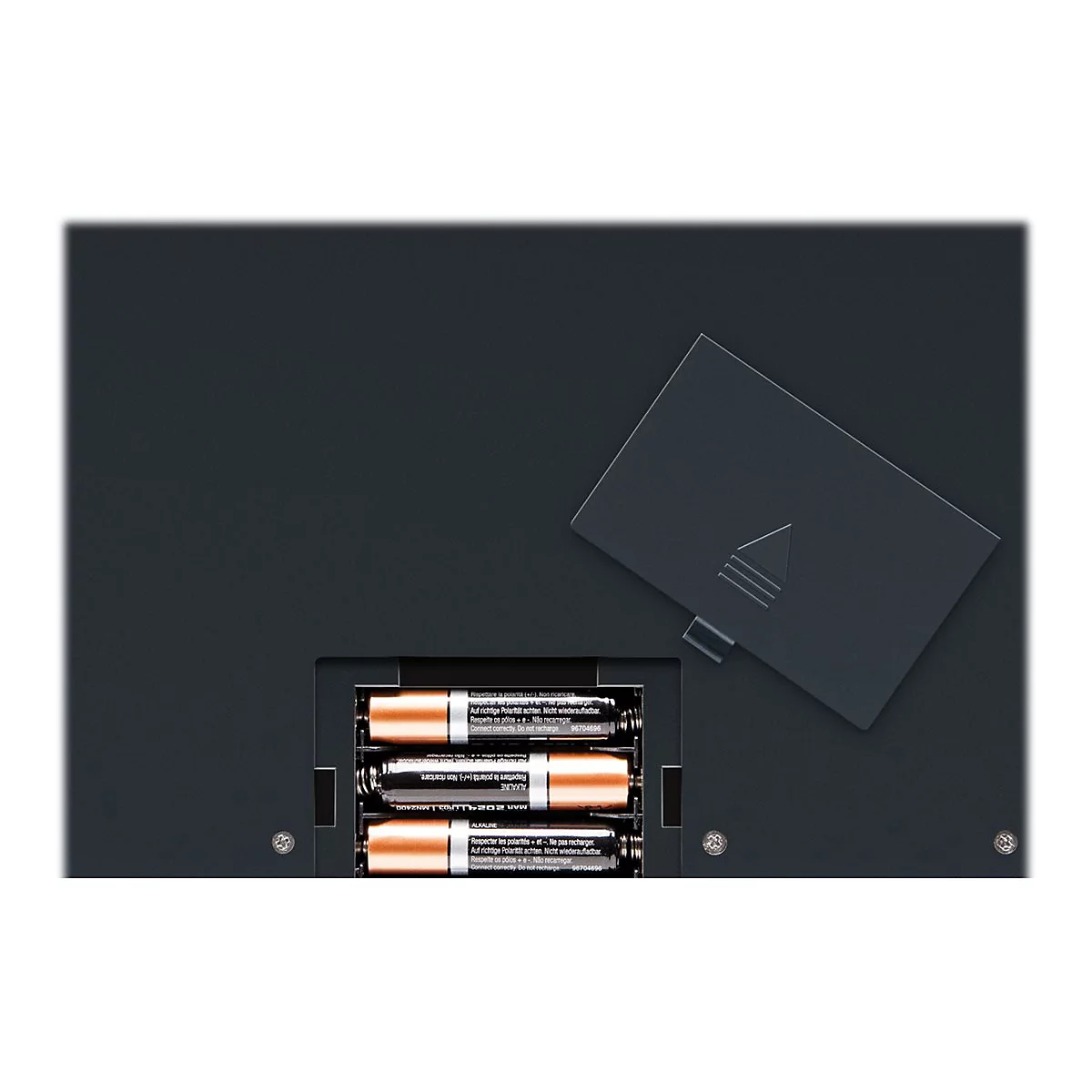 Rückseite eines schwarzen Geräts mit geöffnetem Batteriefach und eingesetzten Batterien.