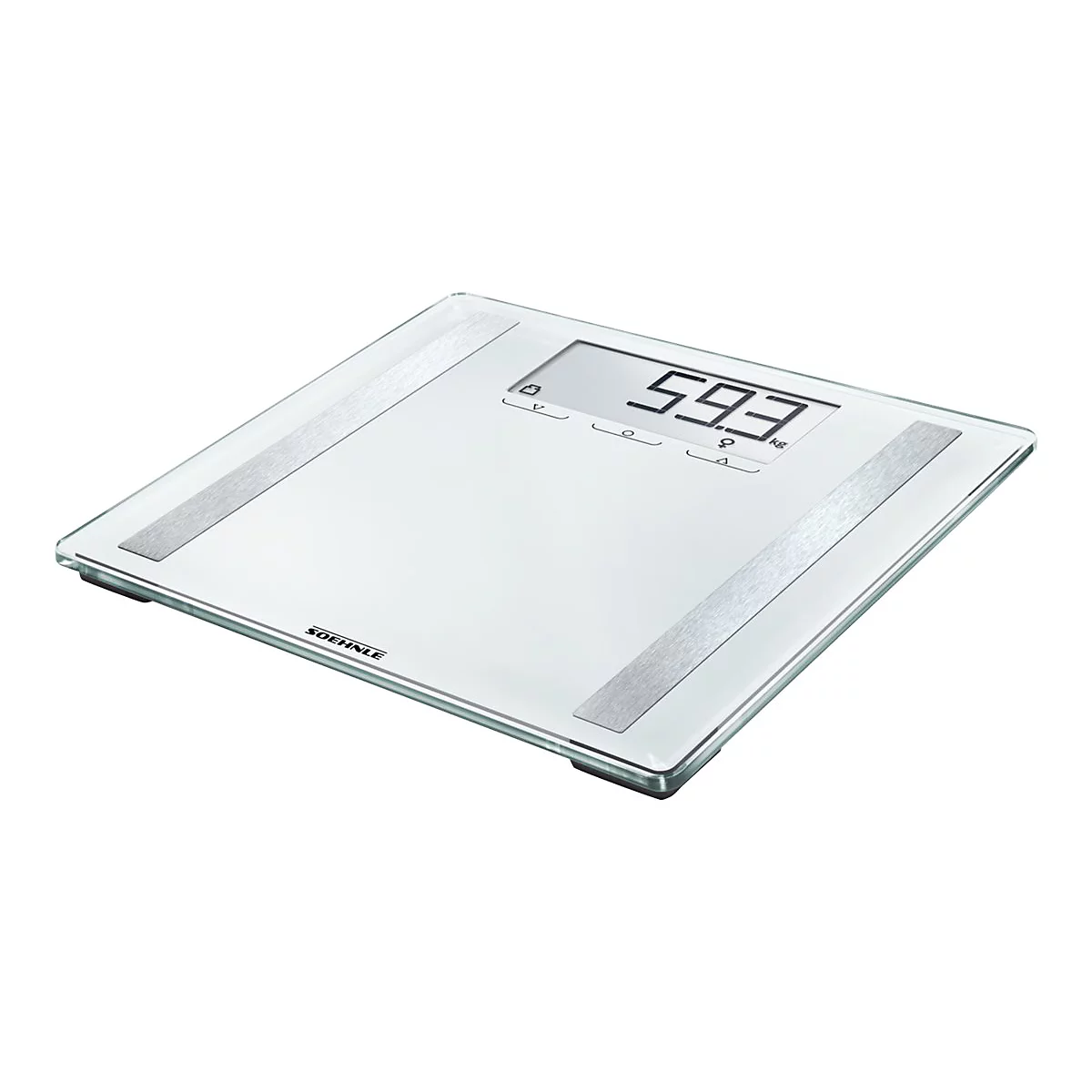 Weiße, digitale Körperwaage von Soehnle mit Glasoberfläche und LCD-Anzeige vor weißem Hintergrund.
