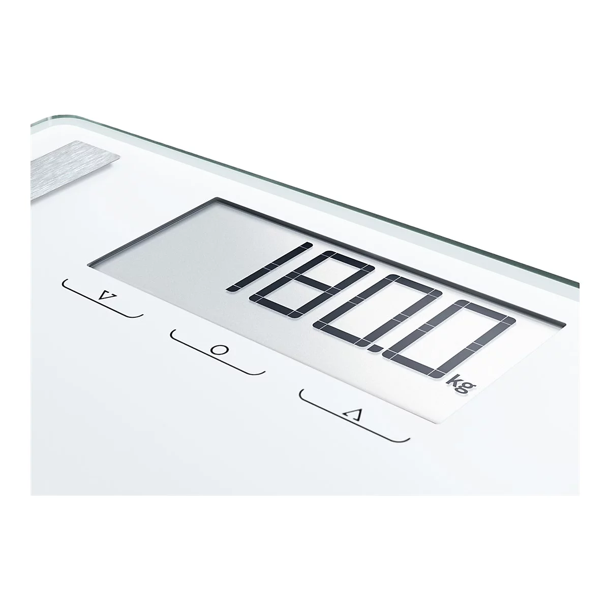 Nahaufnahme der digitalen Anzeige einer weißen Personenwaage mit der Anzeige 180,0 kg.