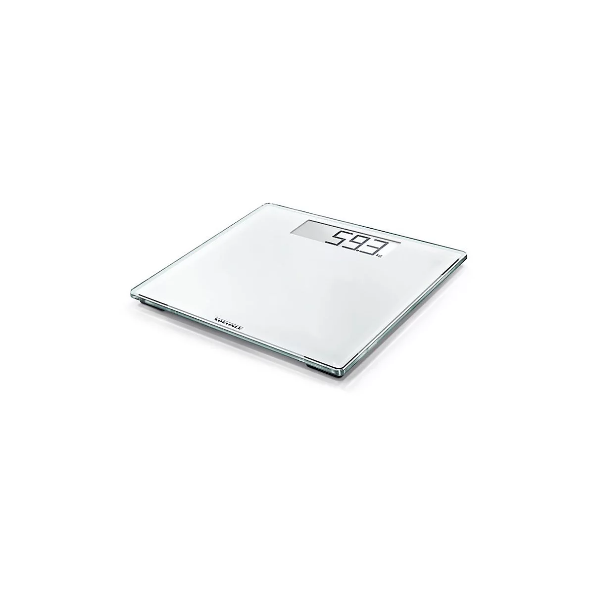 Weiße, quadratische Soehnle Personenwaage aus Glas mit digitaler Anzeige, die 59,3 kg anzeigt.