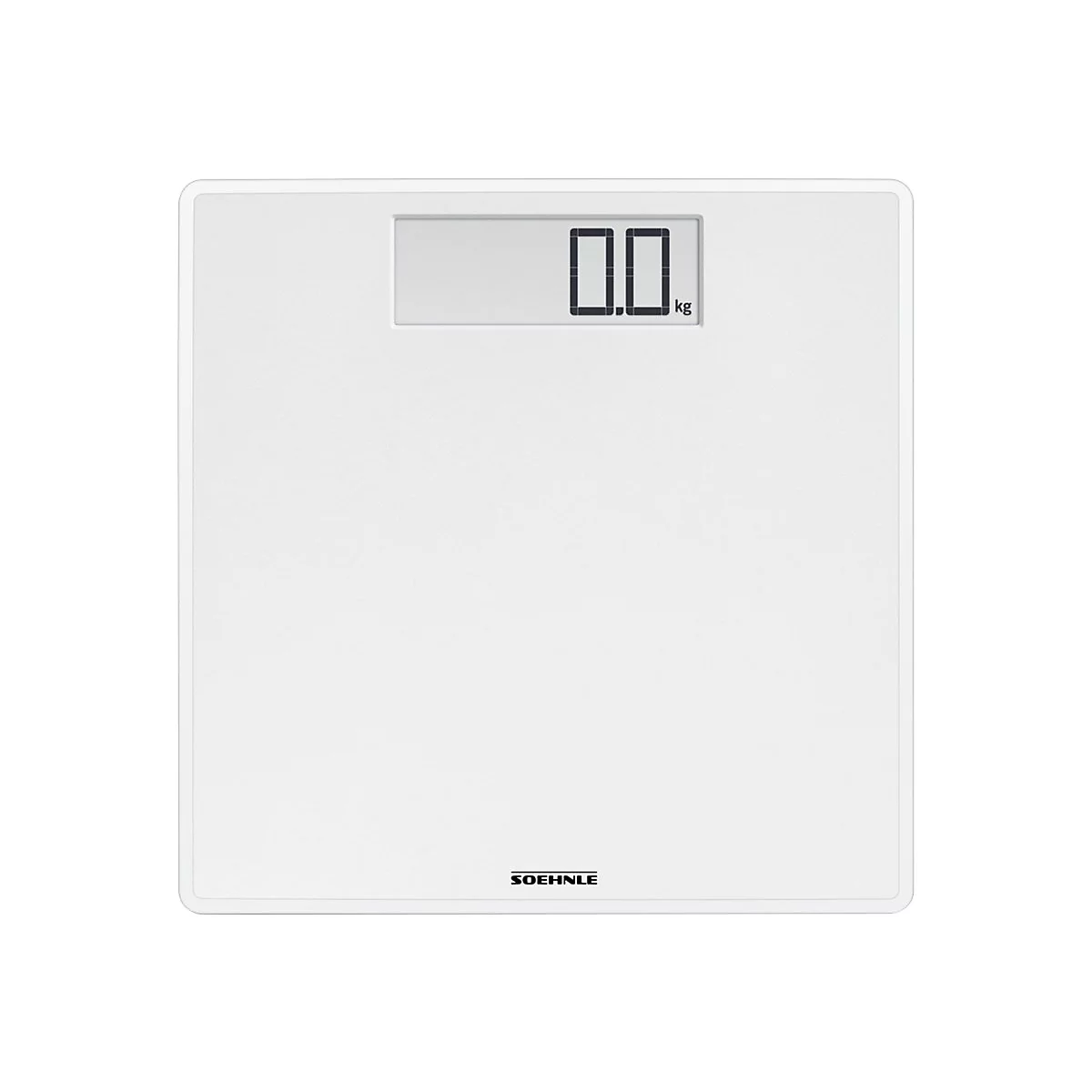 Weiße, quadratische Soehnle Personenwaage mit Digitalanzeige, die 0,0 kg anzeigt.