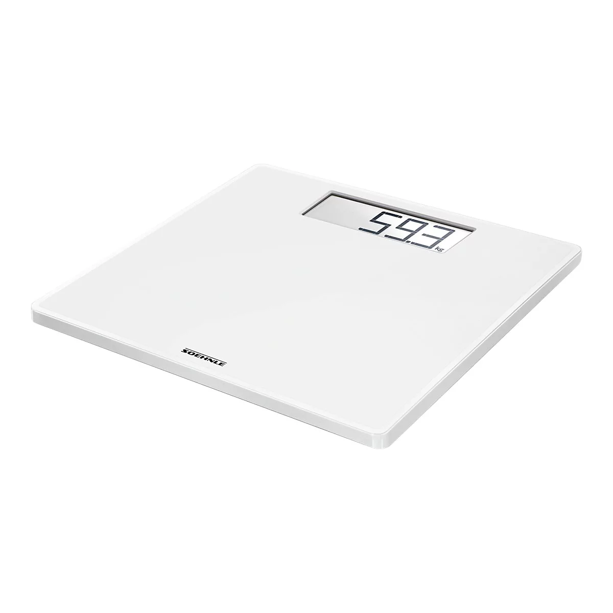 Weiße, quadratische Soehnle Personenwaage aus Glas mit digitaler Anzeige, die 59,3 kg anzeigt.