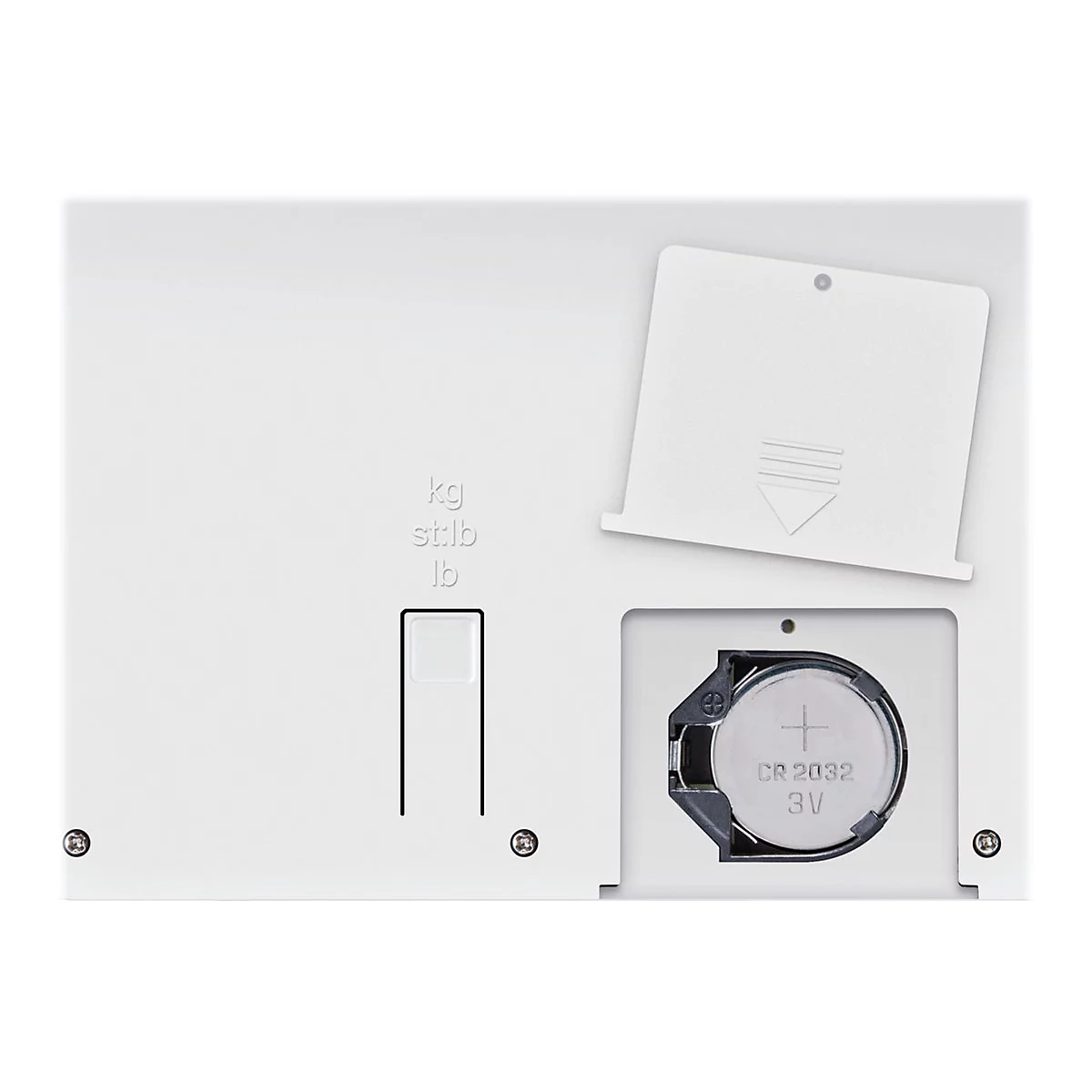 Unterseite einer digitalen Waage mit offenem Batteriefach, einer CR2032 Knopfzelle und einem Einheiten-Schalter.