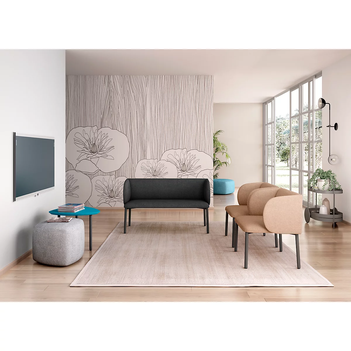 Sofa Leyform LIV, 2-Sitzer, rechteckig, B 1270 x T 620 x H 740 mm, mit Armlehnen & Gleitern, Stoffbezug, anthrazit