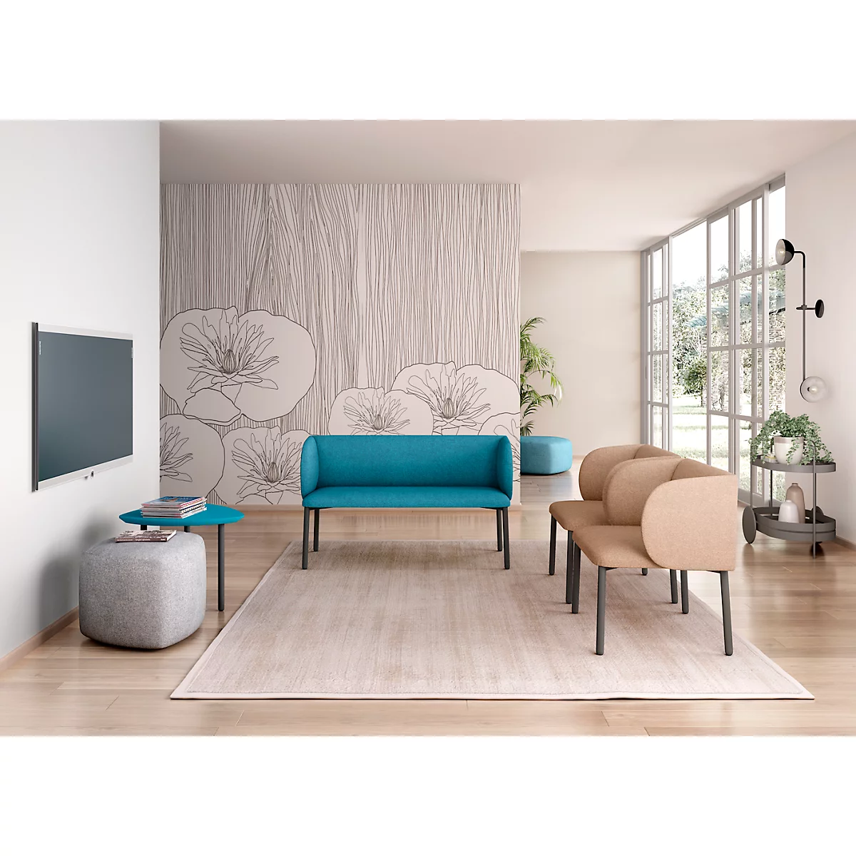 Sofa Leyform LIV, 2-Sitzer, rechteckig, B 1270 x T 620 x H 740 mm, mit Armlehnen & Gleitern, Stoffbezug, petrol