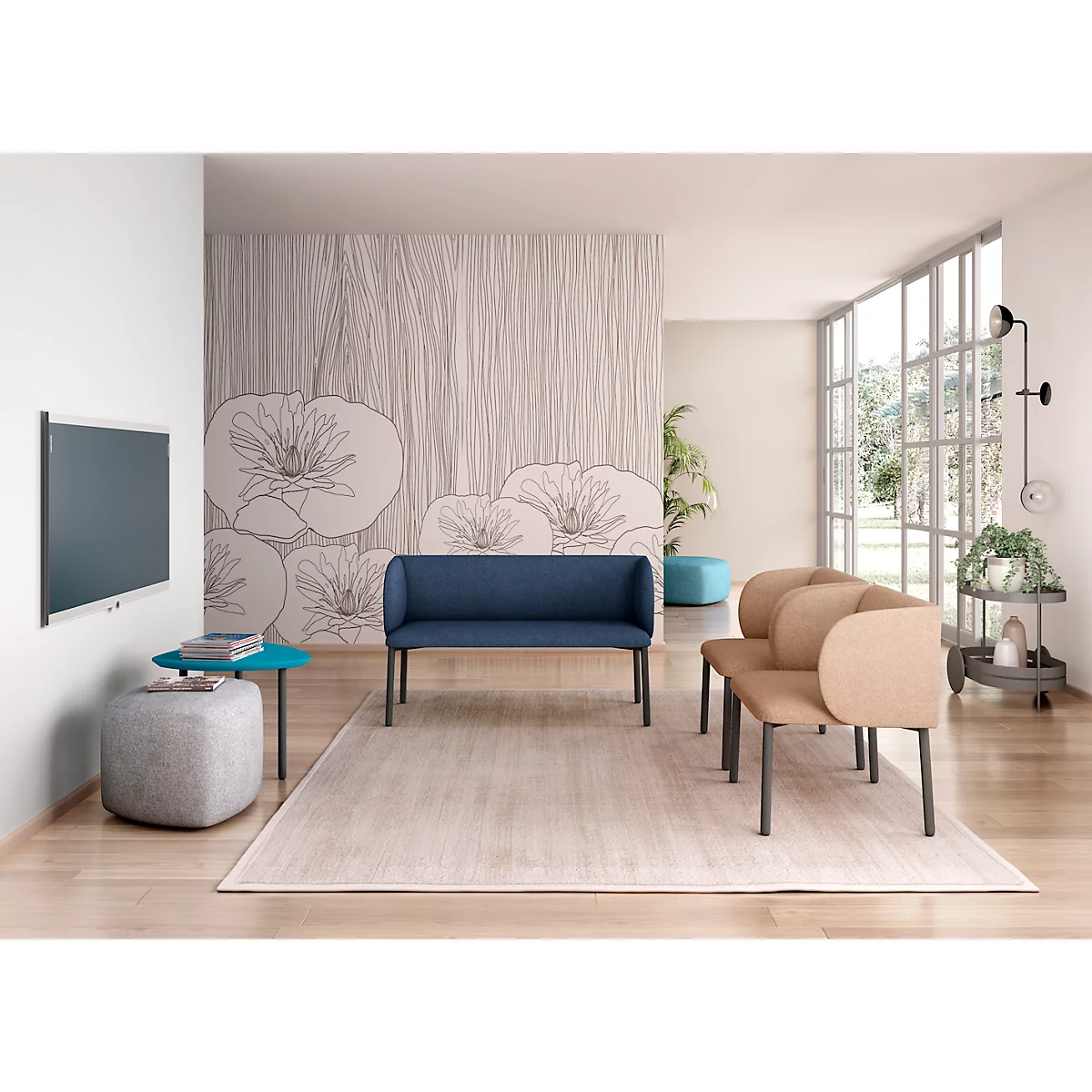 Sofa Leyform LIV, 2-zits, rechthoekig, B 1270 x D 620 x H 740 mm, met armleuningen &amp; glijders, stoffen bekleding, donkerblauw