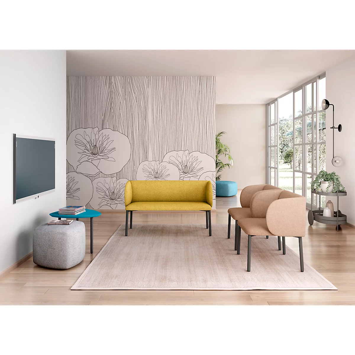 Sofa Leyform LIV, 2-zits, rechthoekig, B 1270 x D 620 x H 740 mm, met armleuningen &amp; glijders, stoffen bekleding, geel