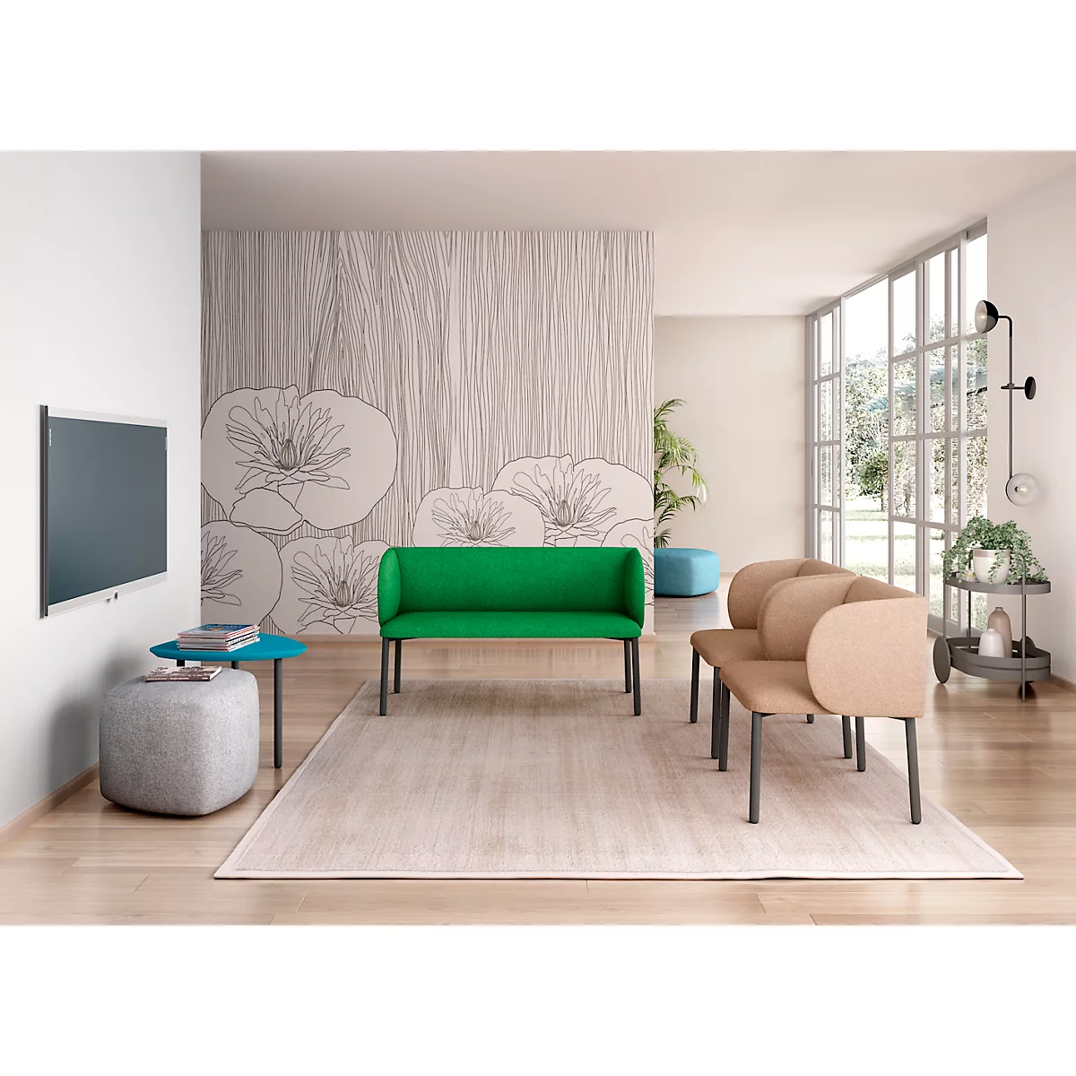 Sofa Leyform LIV, 2-zits, rechthoekig, B 1270 x D 620 x H 740 mm, met armleuningen &amp; glijders, stoffen bekleding, groen
