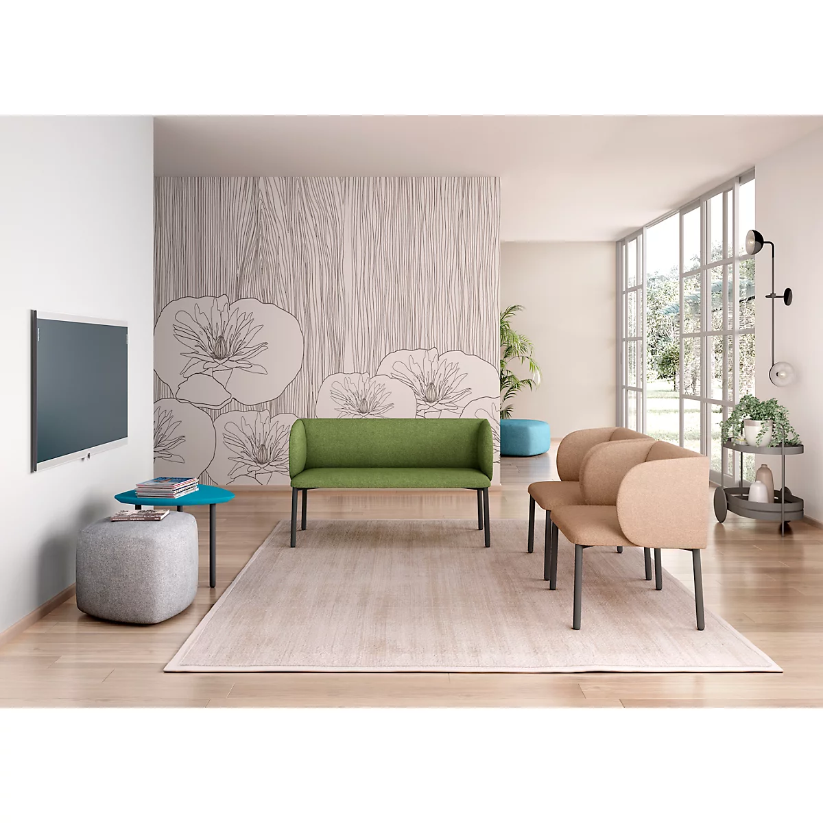 Sofa Leyform LIV, 2-zits, rechthoekig, B 1270 x D 620 x H 740 mm, met armleuningen &amp; glijders, stoffen bekleding, mosgroen
