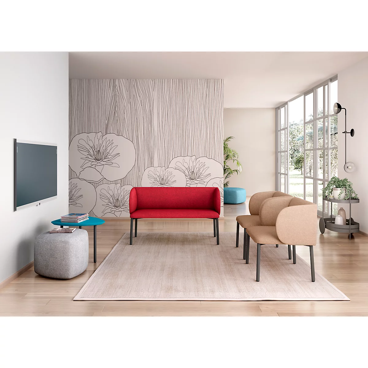 Sofa Leyform LIV, 2-zits, rechthoekig, B 1270 x D 620 x H 740 mm, met armleuningen &amp; glijders, stoffen bekleding, rood
