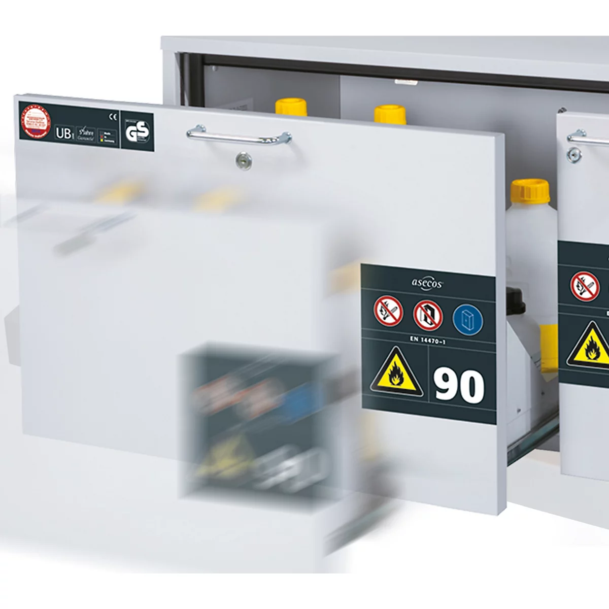 Soft-close functie, voor asecos veiligheidskasten van de series K90, UB30 en UB90, mee te bestellen.