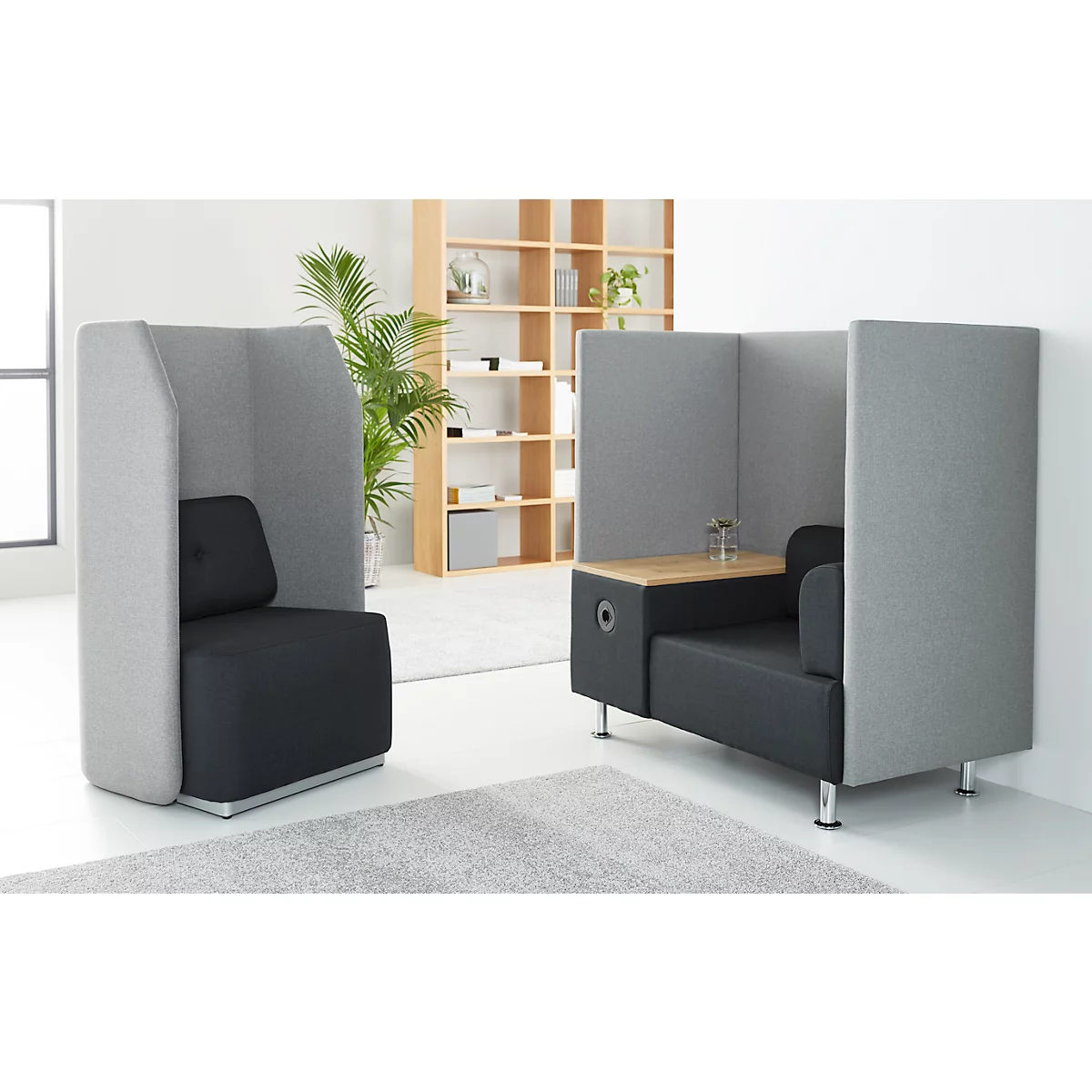 Soft Seating System BE SOFT, 1 zitting, met tafel, w. akoestisch paneel, incl. stekkersysteem, zwart-grijs