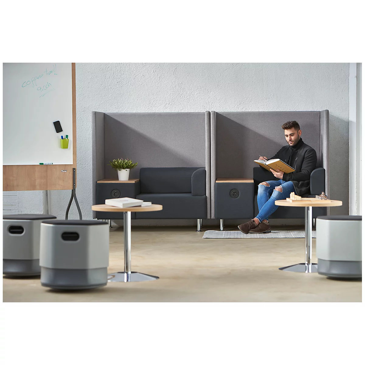 Soft-Seating-System BE SOFT, Sessel, ohne Tisch, m. Akustik-Panel, schwarz-grau